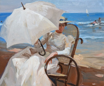 Jose A. Montalban White Parasol Original Oil Painting On Canvas Spanish Art