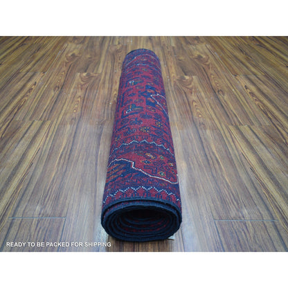 2'9"X9'10" Red Hand Knotted Tribal Design Wool Afghan Khamyab Runner Rug