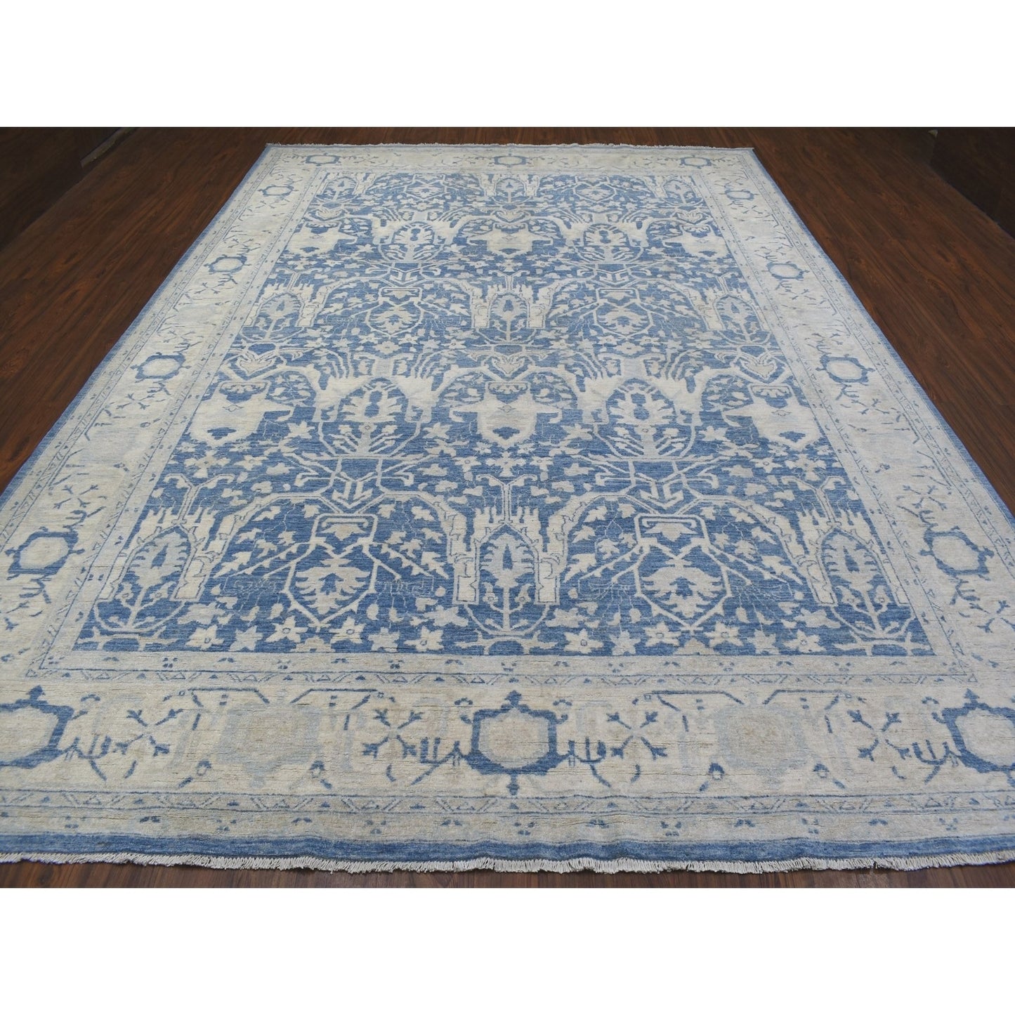 9'8"X13'5" Blue Soft Wool Hand Knotted White Wash Peshawar Rug