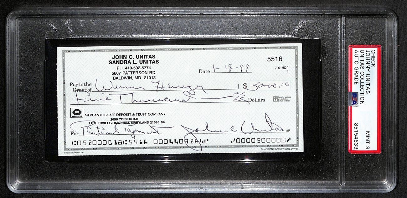 Johnny Unitas Signed 1/18/99 Check Psa/Dna Mint 9 188673