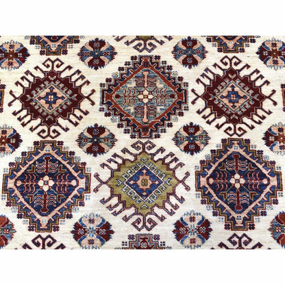 9'1"X12'4" Ivory Super Kazak Repetitive Medallions Wool Hand Knotted Rug