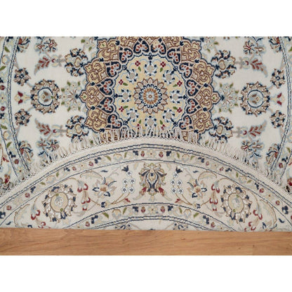 5'X5' Ivory Nain With Flower Design Hand Knotted Wool And Silk Round Rug
