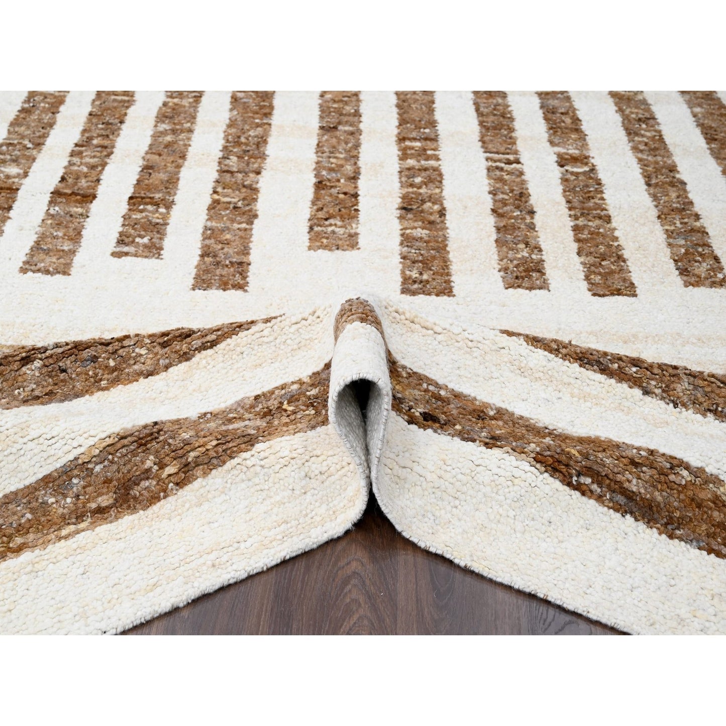 8'2"X9'10"Brown Wool Minimalist Stripe Design Hand Knotted Oriental Rug