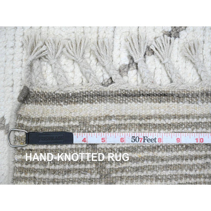 3'2"X15'4" White Moroccan Weave Line Design Hand Knotted Wool Runner Rug