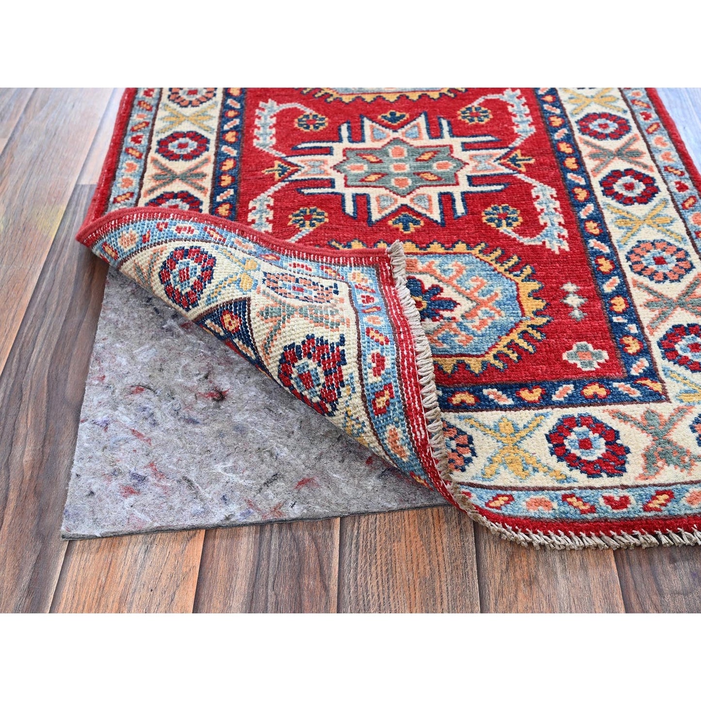 2'1"X3'1" Red Kazak With Tribal Medallions Design Wool Hand Knotted Mat Rug