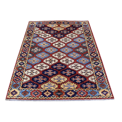 4'X6' Red Afghan Ersari Repetitive Design Wool Hand Knotted Oriental Rug