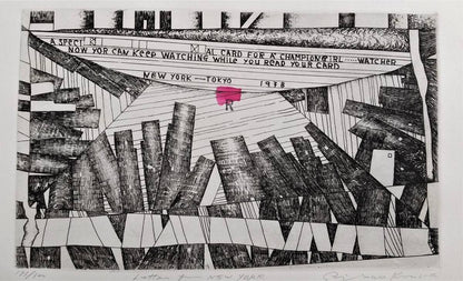 Risaburo Kimura Signed Original Etching Print Letter For New York Framed 1978