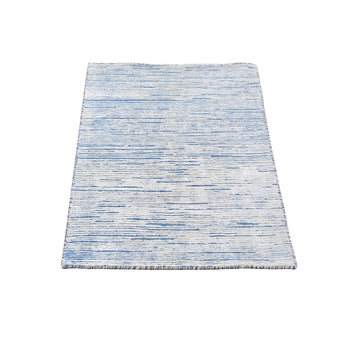 2'X3' Blue Silk With Text Wool Striae Design Hand Knotted Oriental Rug