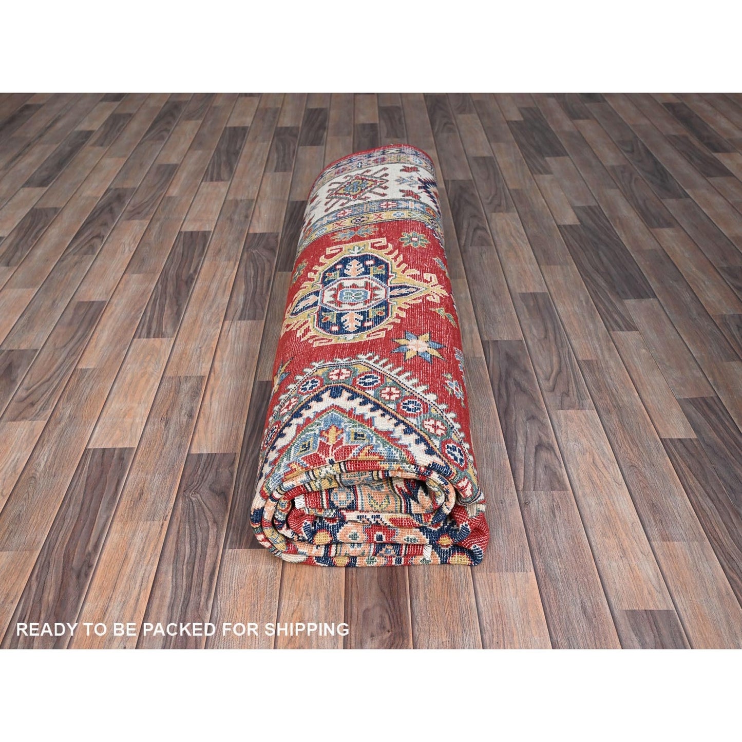 8'1"X10' Geranium Red Hand Knotted Shiny Wool Kazak Design Oriental Rug