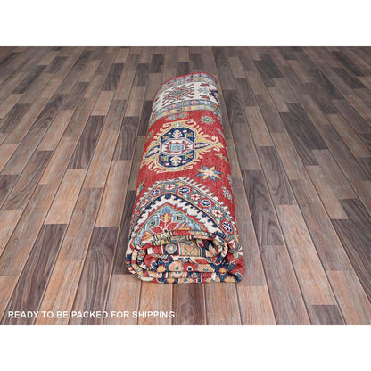 8'1"X10' Geranium Red Hand Knotted Shiny Wool Kazak Design Oriental Rug