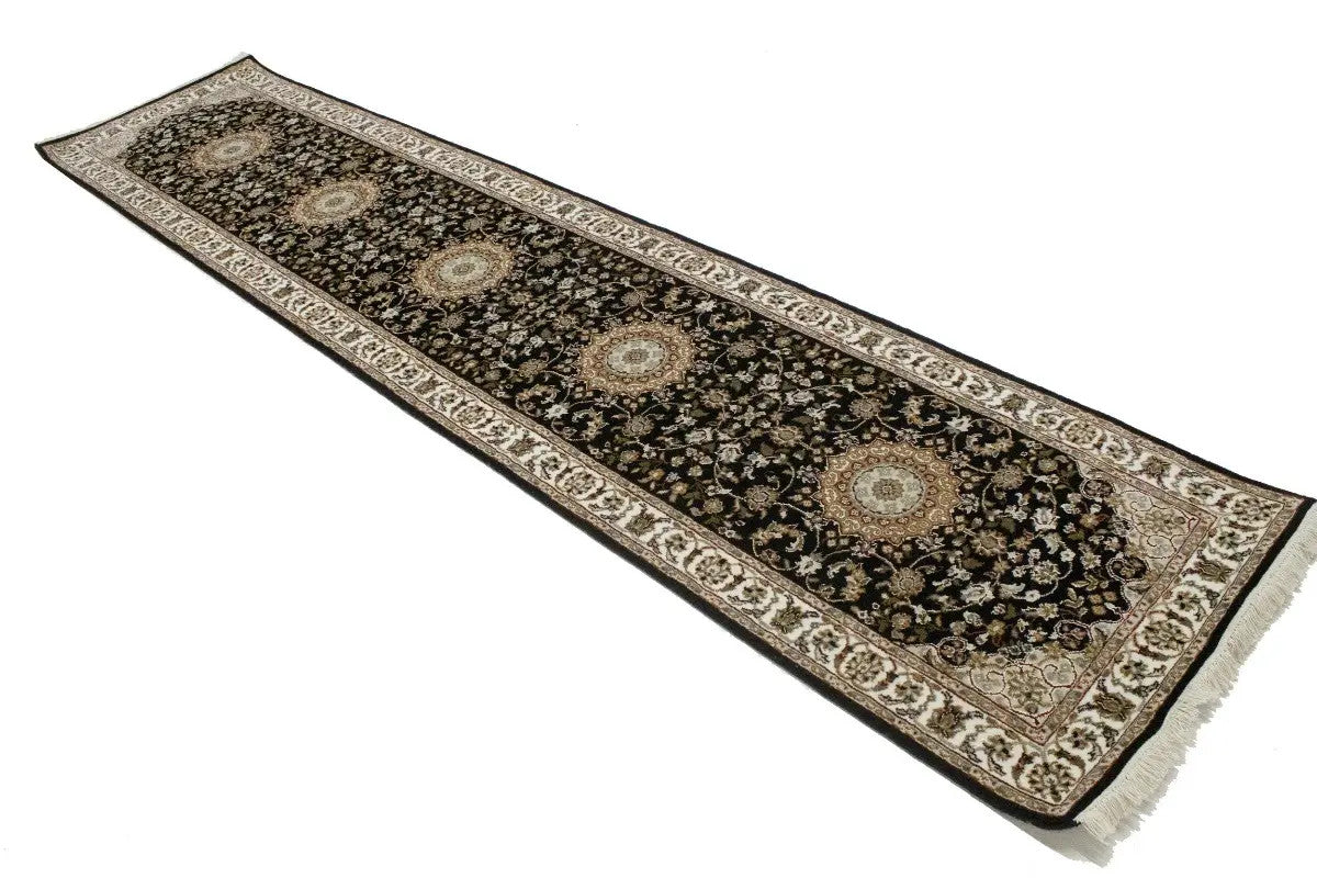 Handmade Indo-Nain Oriental Runner Rug 3X12 ft Black Floral Wool Carpet Hallway