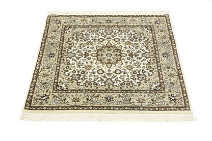 Handmade Kirman Square Rug Cream Floral Medallion