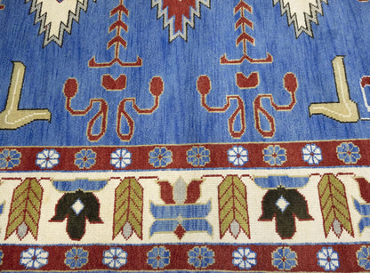 Farmho Boho Blue Geometric Kazak Oriental Rug