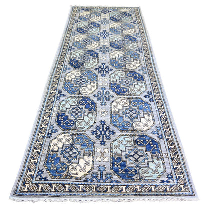 4'X10'1" Silver Gray Wool Hand Knotted Afghan Ersari Wide Runner Rug