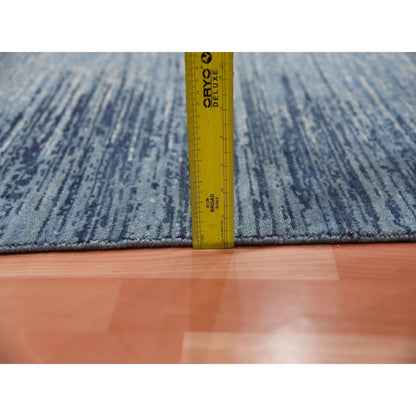 4'1"X12'2"Blue Ivory Hand Knotted Wool Horizontal Ombre Design Runner Rug