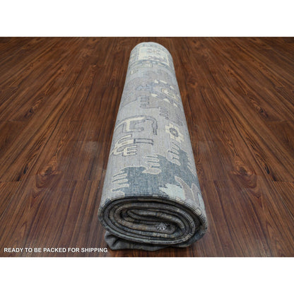 9'X12' Gray Afghan Wool Hand Knotted Fine Peshawar Densely Woven Rug