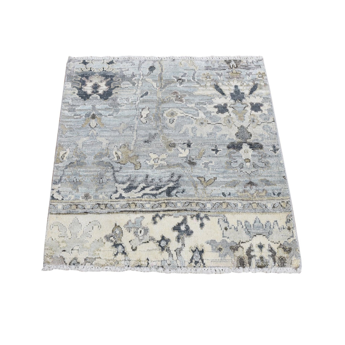 2'X2'1" Goose Gray Silk With Wool Oushak Design Hand Knotted Square Rug