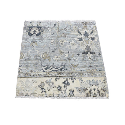 2'X2'1" Goose Gray Silk With Wool Oushak Design Hand Knotted Square Rug