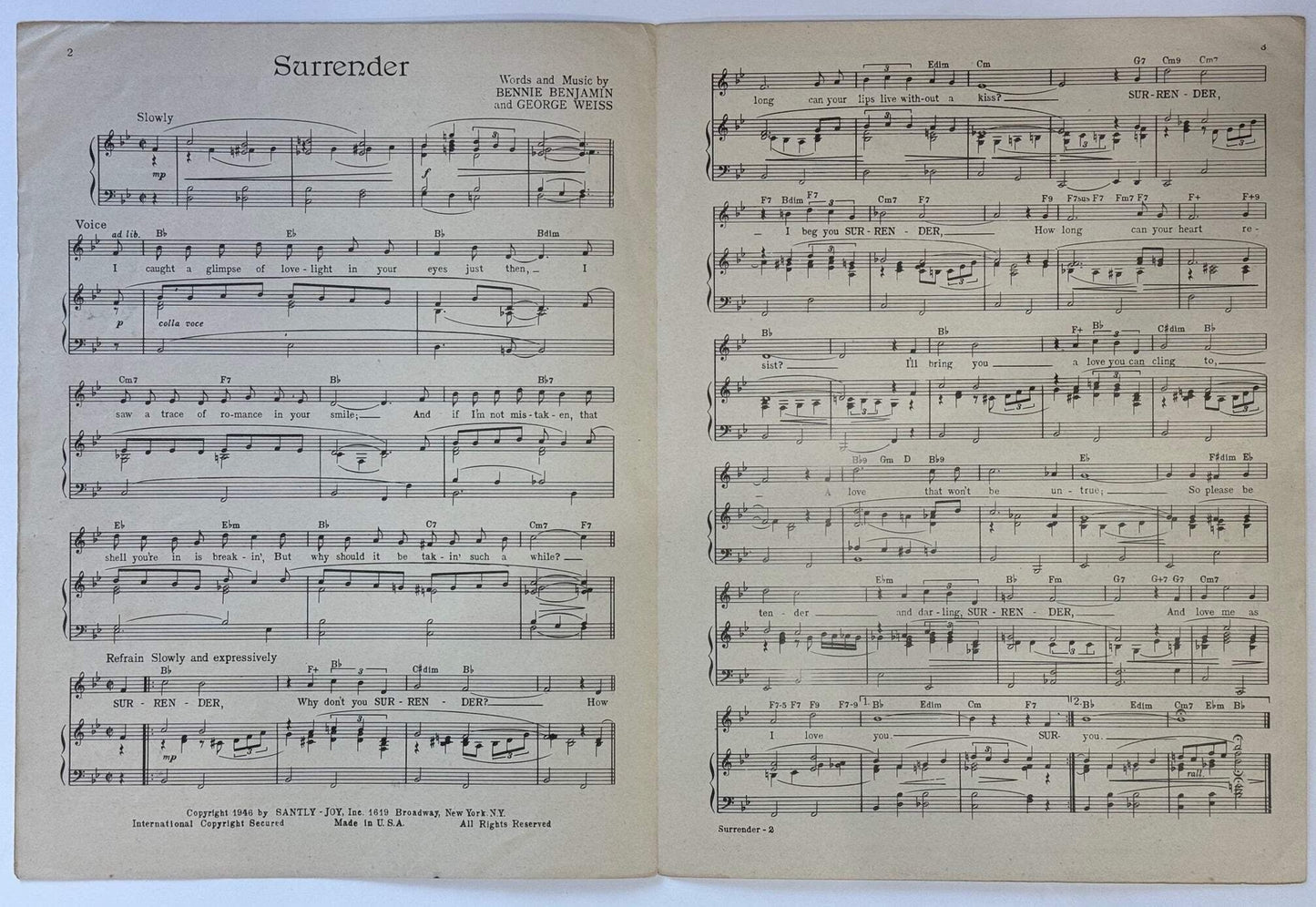 Perry Como Surrender Autographed Sheet Music (Jsa)