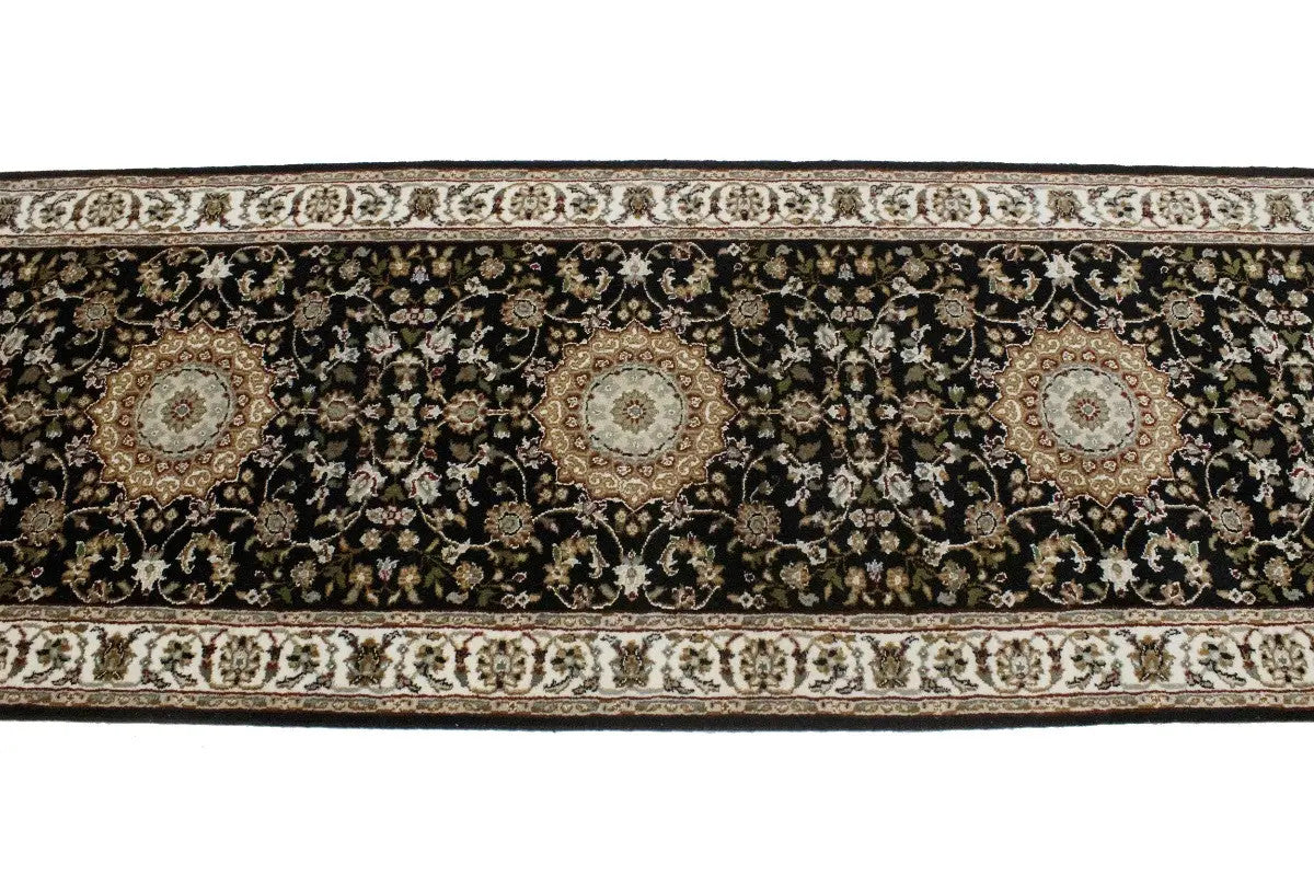 Handmade Indo-Nain Oriental Runner Rug 3X12 ft Black Floral Wool Carpet Hallway