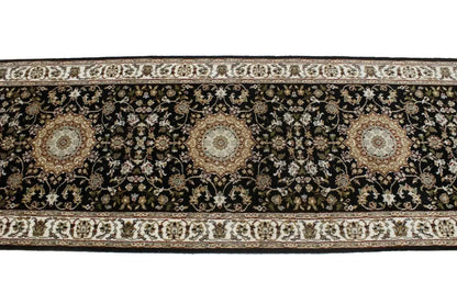 Handmade Indo-Nain Oriental Runner Rug 3X12 ft Black Floral Wool Carpet Hallway