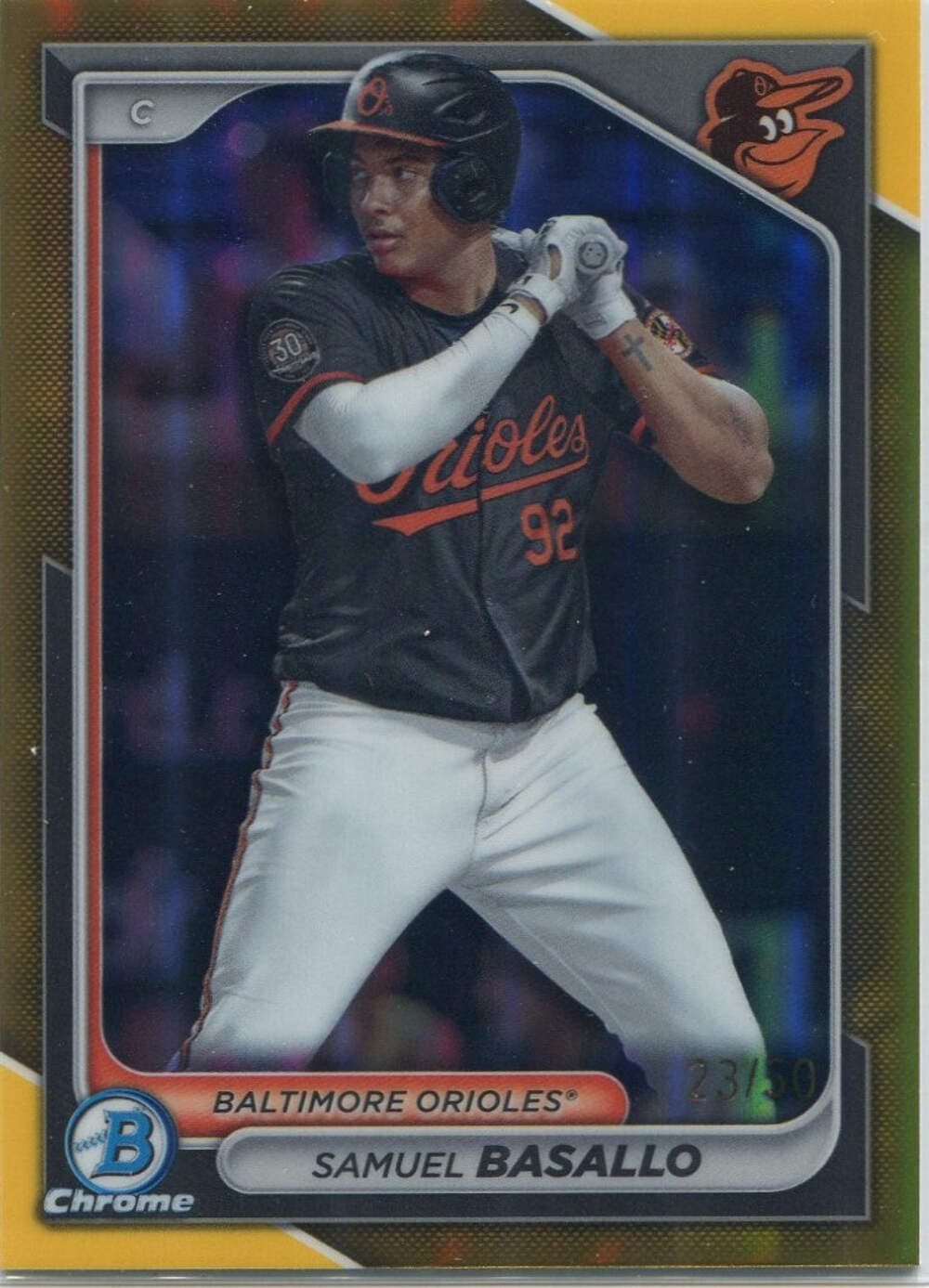 Samuel Basallo 2024 Bowman Chrome Prospects Gold Refractor Card #Bcp-38 23/50