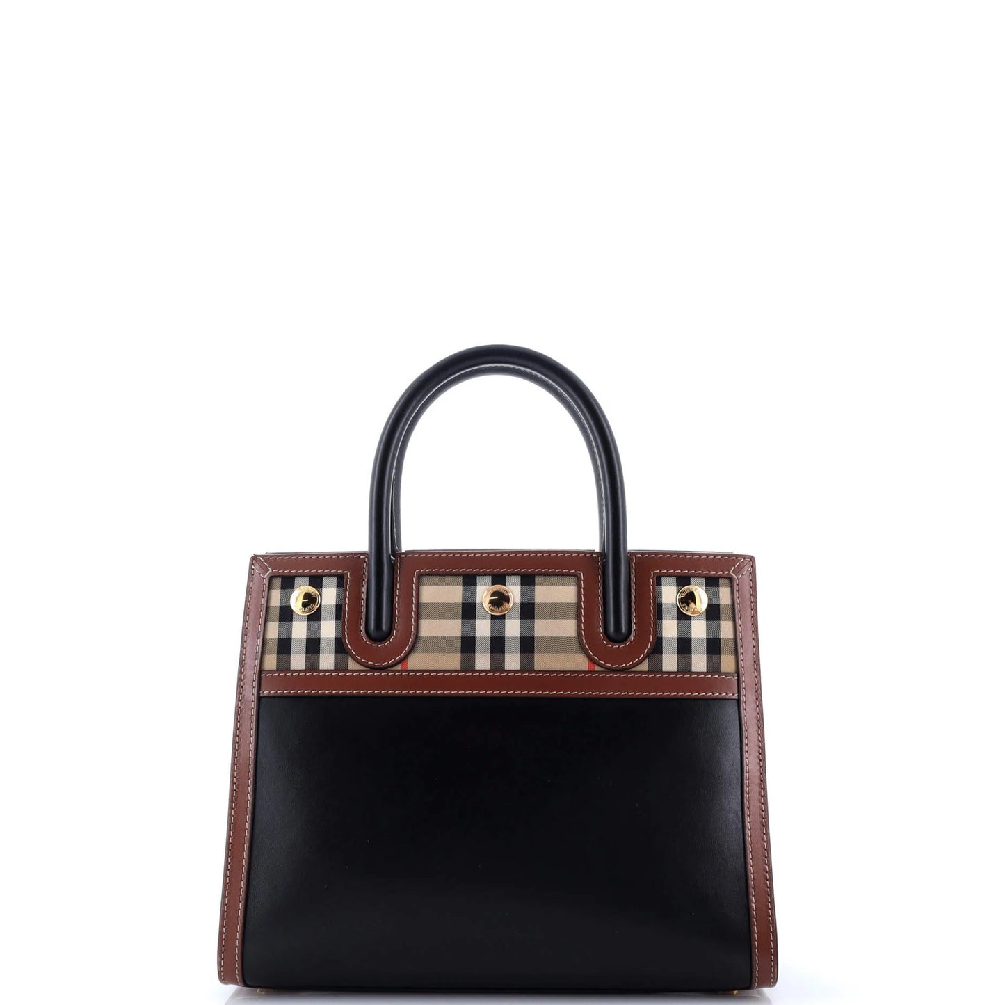 Burberry Title Two Handle Tote Leather With Vintage Check Canvas Mini