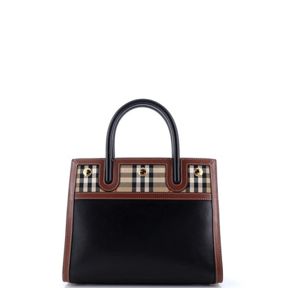 Burberry Title Two Handle Tote Leather With Vintage Check Canvas Mini