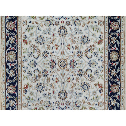2'8"X14' White Nain Flower Design Wool And Silk Hand Knotted Runner Rug