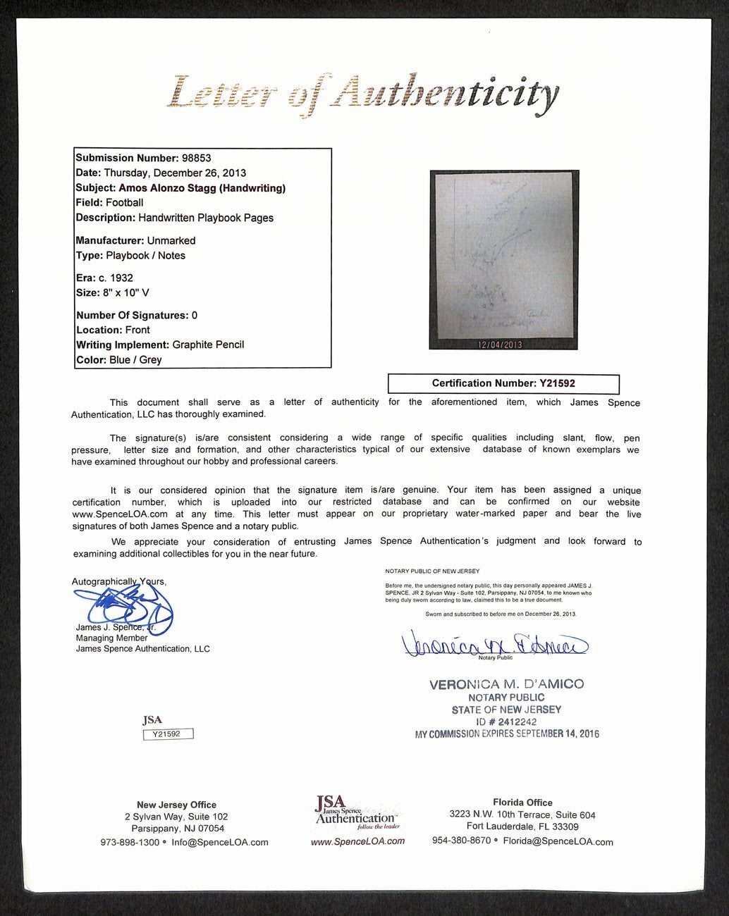 Amos Alonzo Stagg Hof 1932 Handwritten Playbook Page Very Rare Jsa 185584