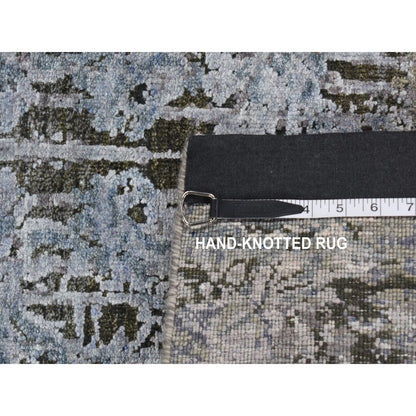 2'6"X10' Gray Silk With Wool Hand Knotted Erased Design Runner Rug