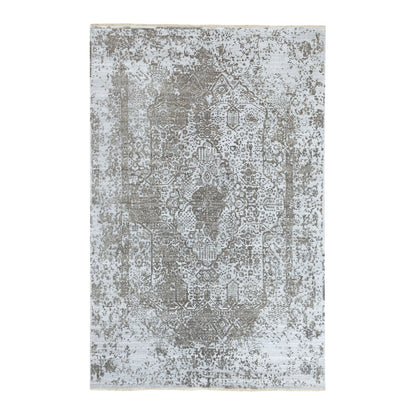 6'X9' Grey Broken Farsian Design Wool And Silk Hand Knotted Oriental Rug
