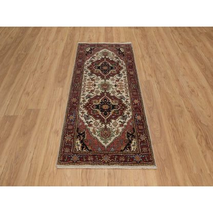 2'7"X6'1" Ivory Hand Knotted Rug Antiqued Heris Re-Creation Wool Runner