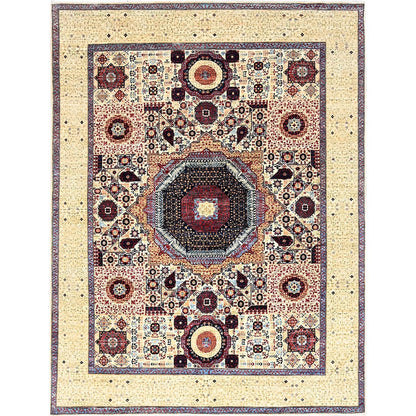 7'9"X10' Ivory Pure Wool Hand Knotted Mamluk Design 200 Kpsi Rug