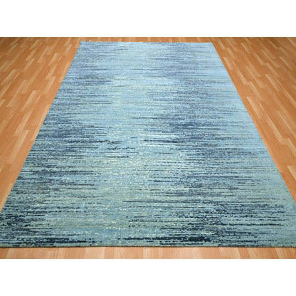 8'1"X10'4" Denim Blue Horizontal Ombre Design Pure Wool Hand Knotted Rug