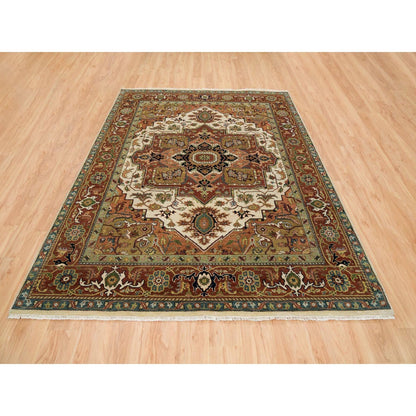 7'9"X9'9" Ivory Heris Medallion Design Pure Wool Hand Knotted Rug