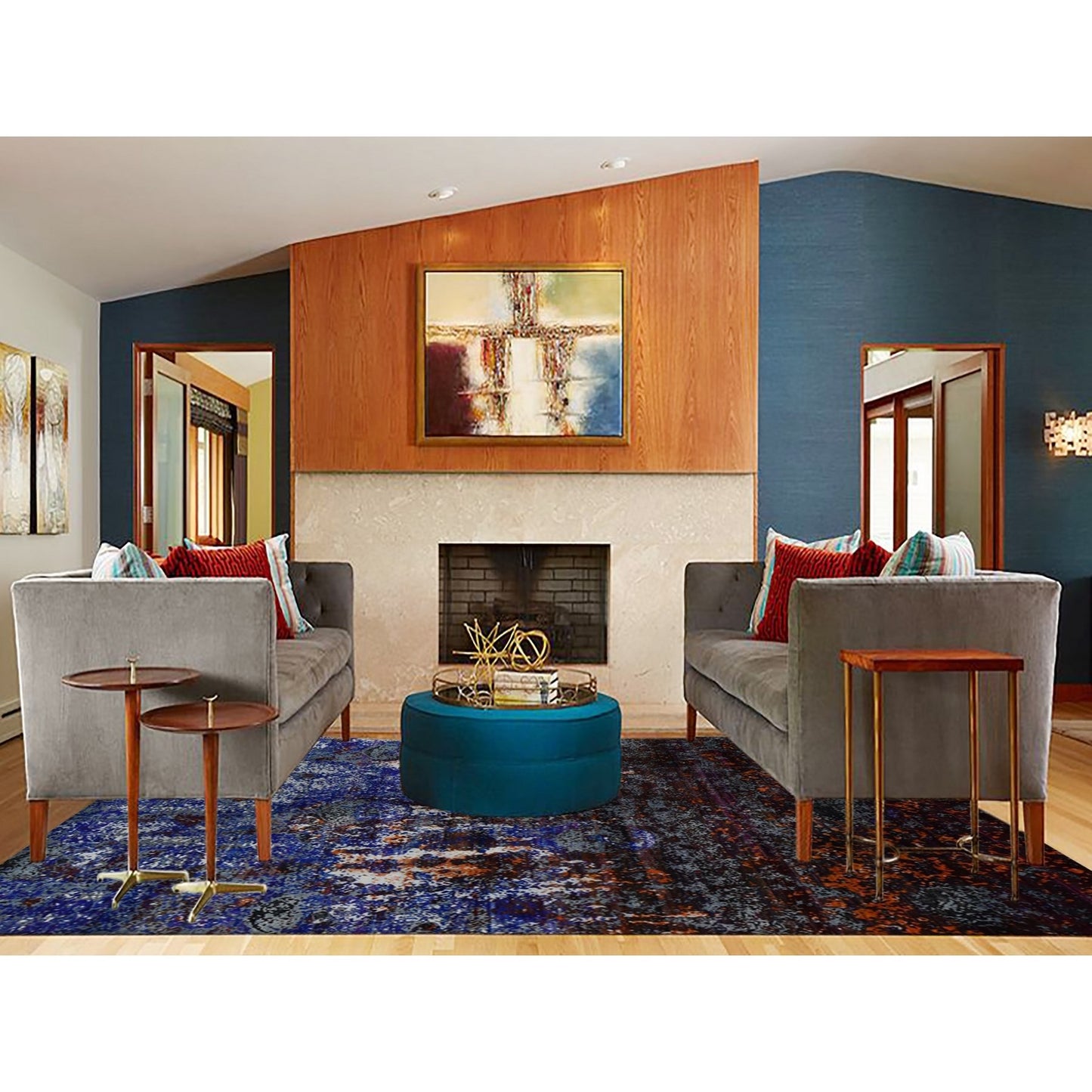 8'10"X12' Blue Hand Knotted Galactical Modern Design Silk And Pile Rug