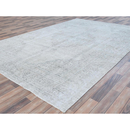 7'1"X10'8" Gray Old Farsian Hand Knotted Worn Down Wool Distressed Rug