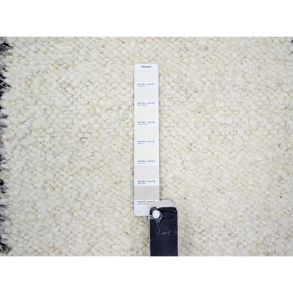 9'3"X12'1" White Moroccan Weave With Line Design Wool Hand Knotted Rug