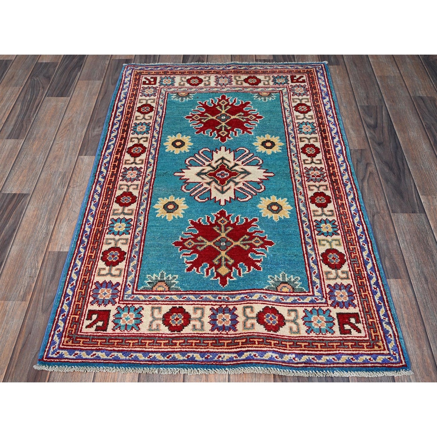 2'7"X4'1" Blue Kazak Tribal Medallions Design All Wool Hand Knotted Mat Rug