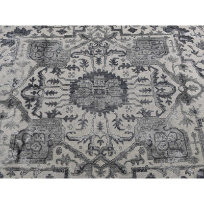 10'X10' Gray Heris Design Wool And Silk Hand Knotted Round Rug