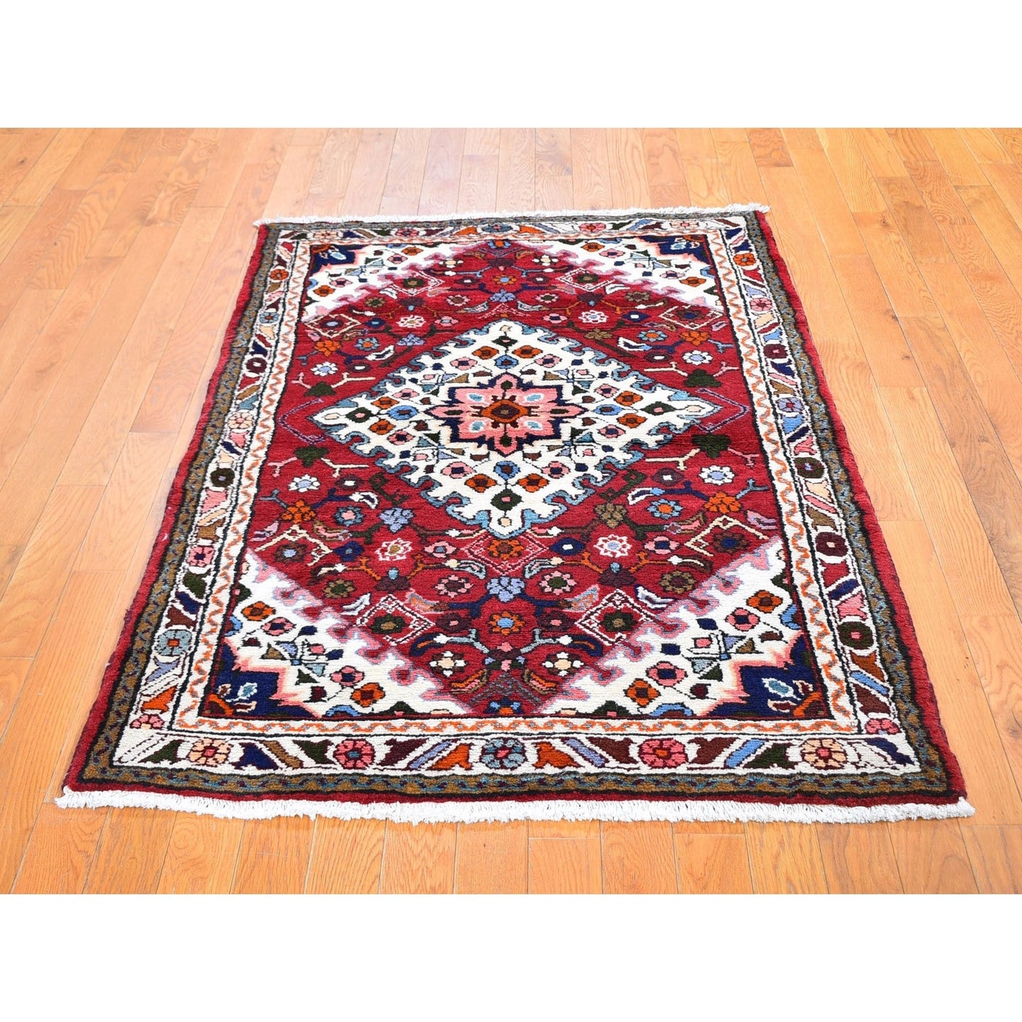 3'6"X5'3" Red New Farsian Amadan Small Flowers Medallion Hand Knotted Rug