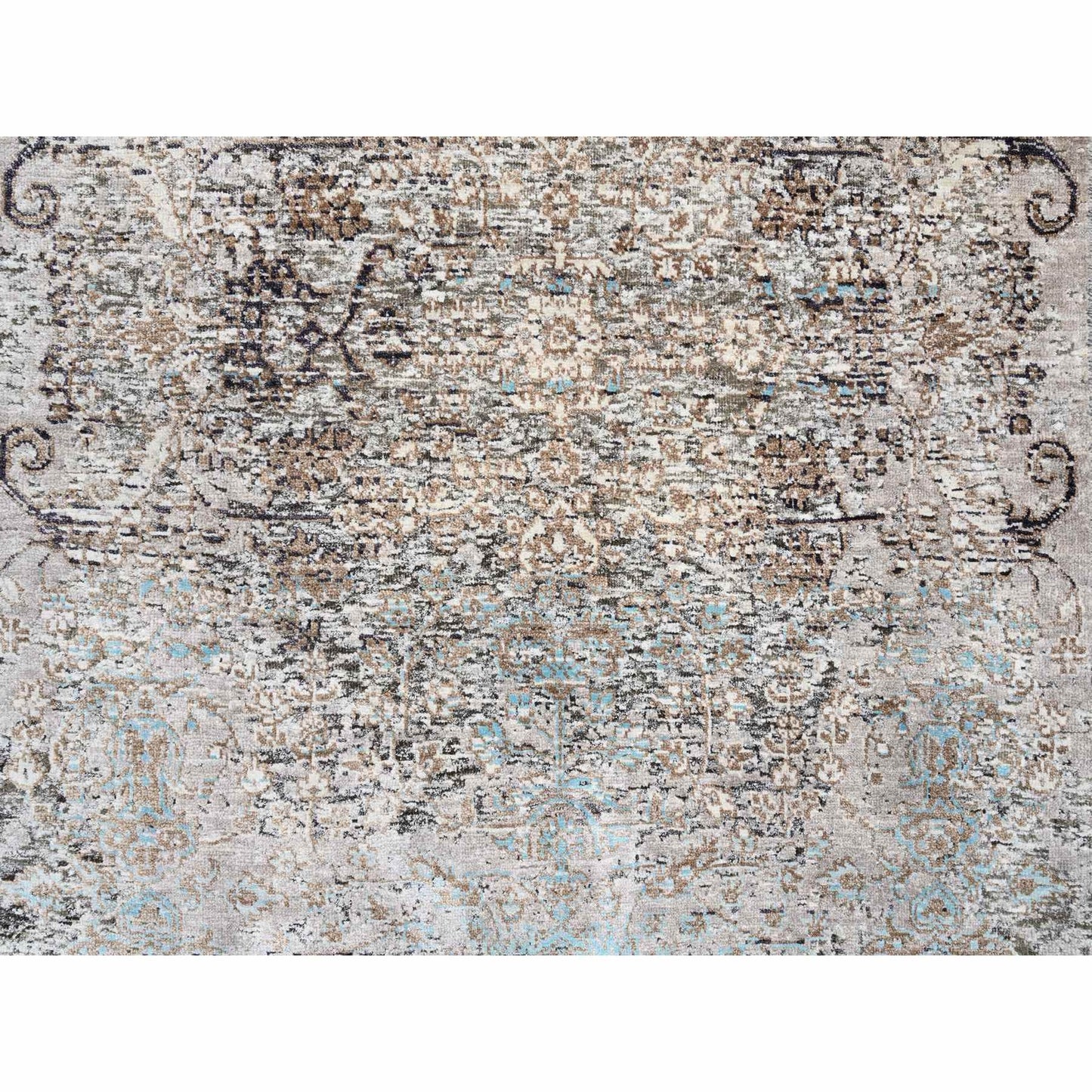 4'X10' Gray Transitional Farsian Silk/Wool Hand Knotted Wide Runner Rug