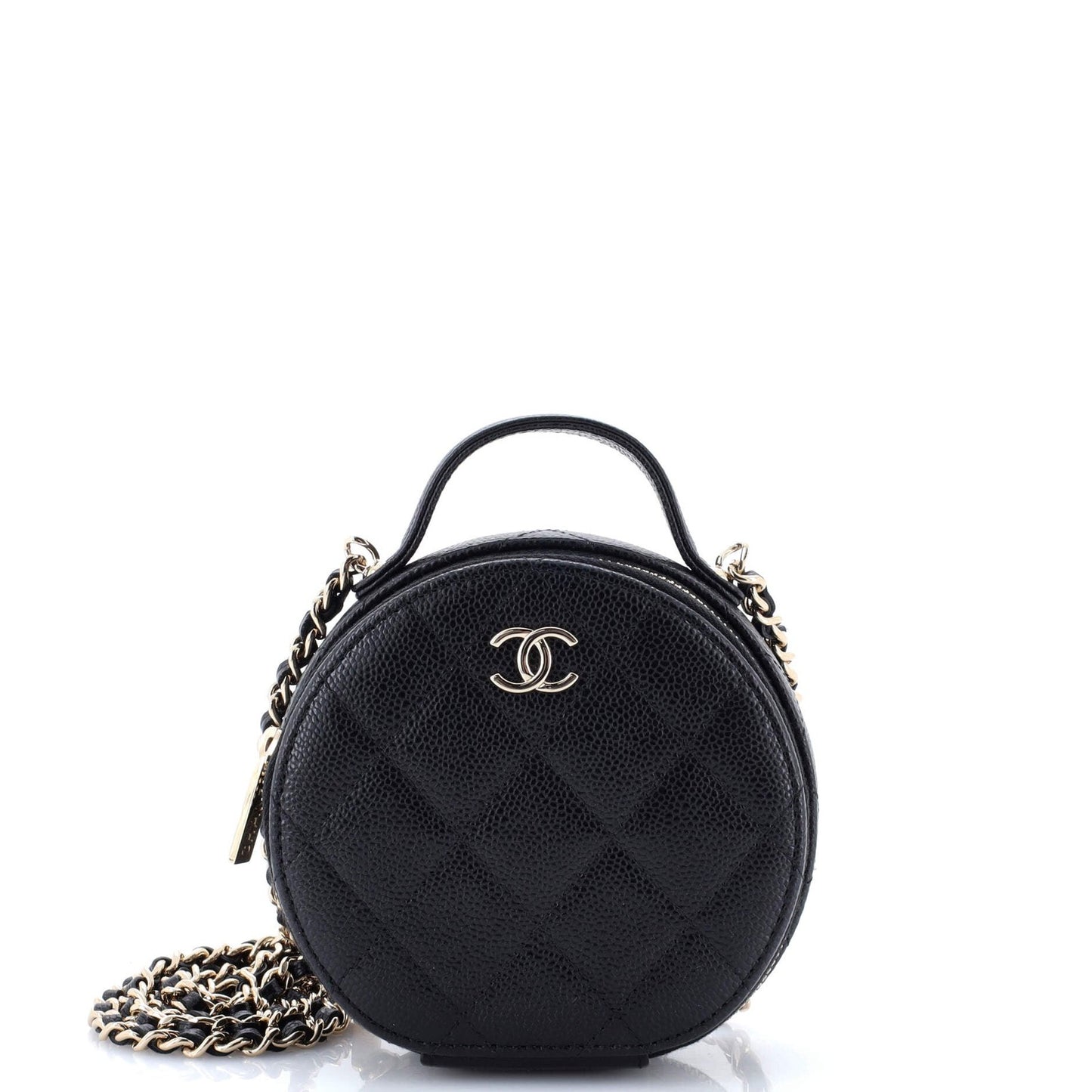 Chanel Handle With Care Round Vanity Case With Chain Quilted Caviar Small