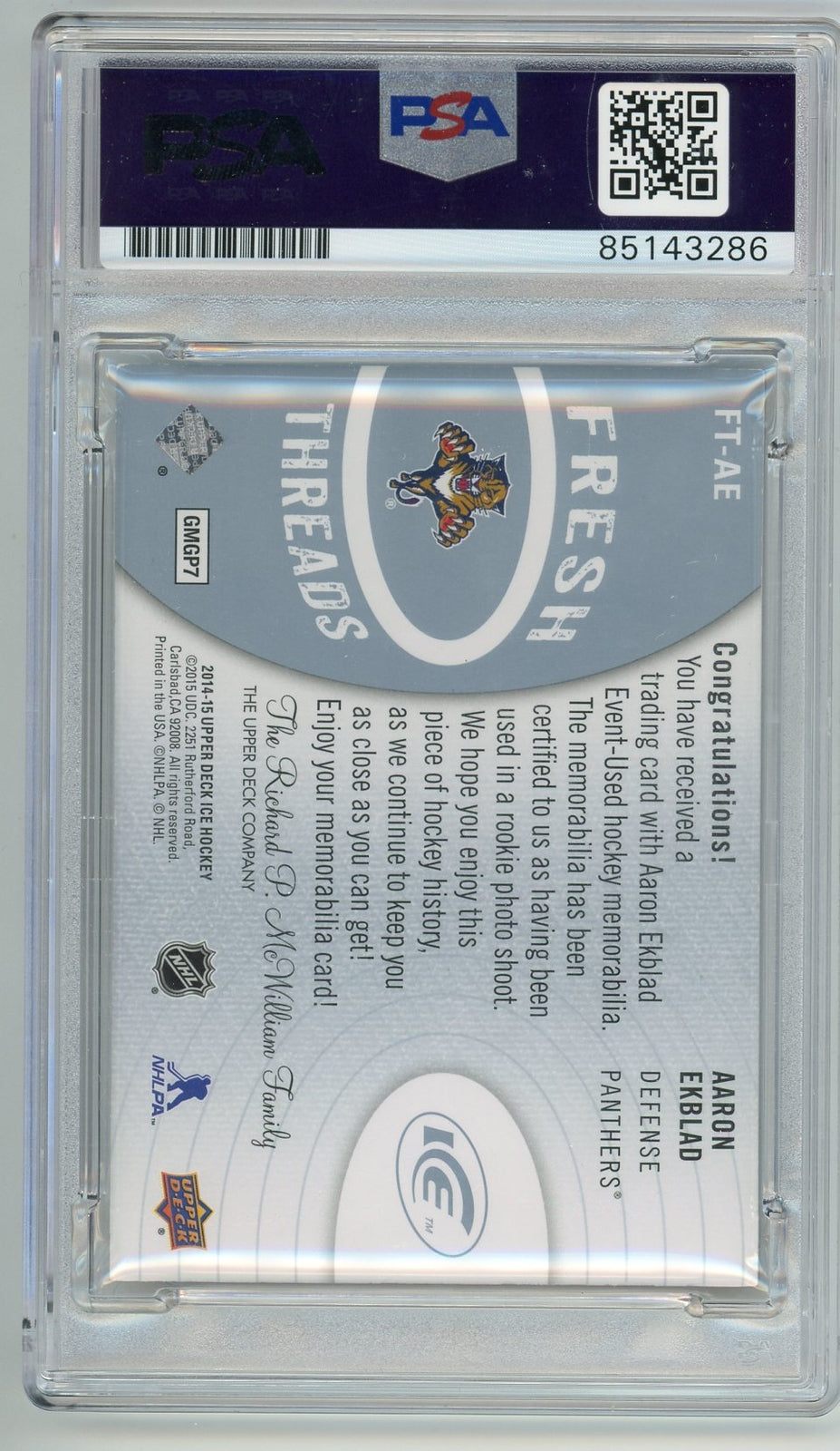 Aaron Ekblad Autographed 2014-15 Upper Deck Fresh Threads #Ft-Ae Psa Authentic A