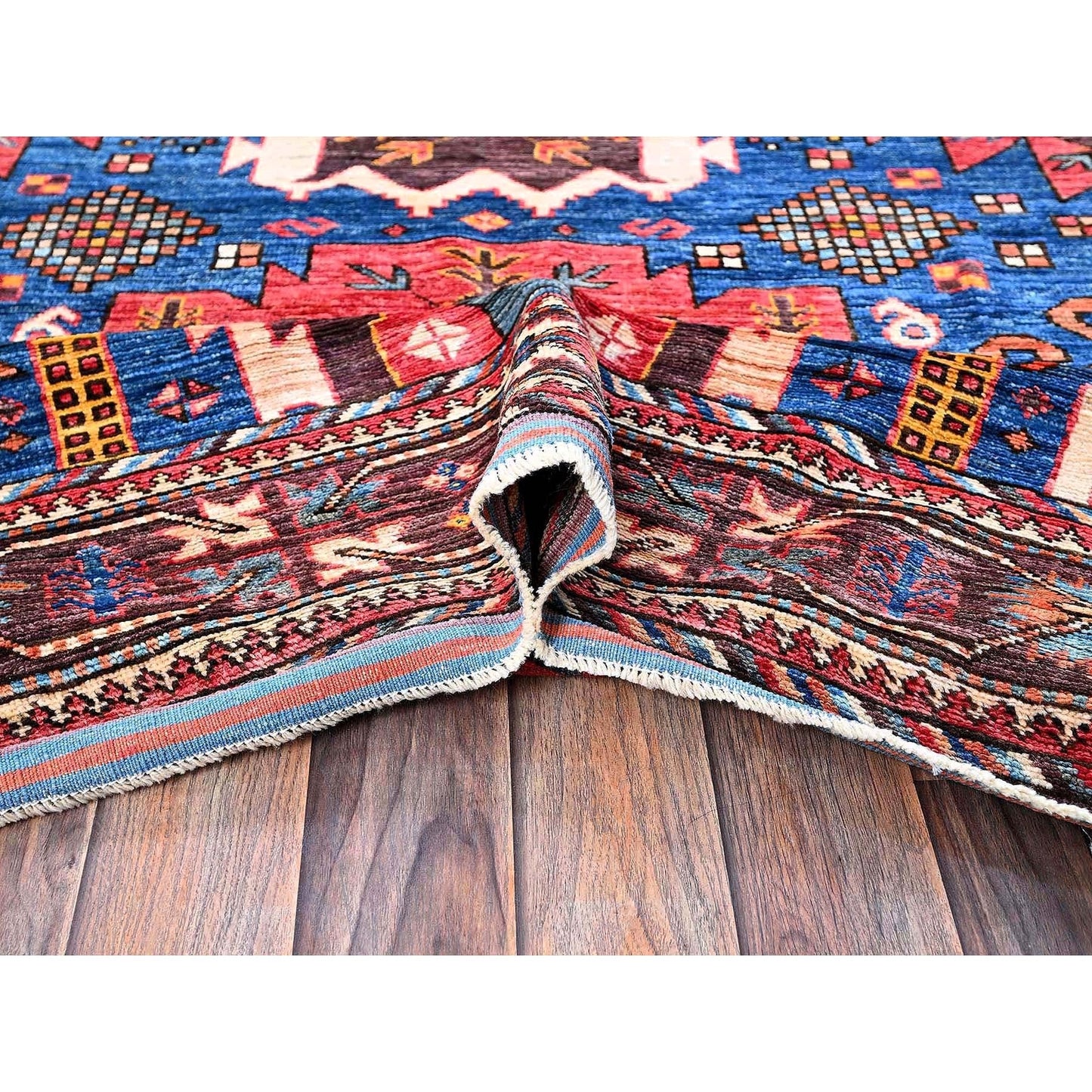 6'X7'10" Blue Afghan Caucasian Design Revival Hand Knotted Soft Wool Rug