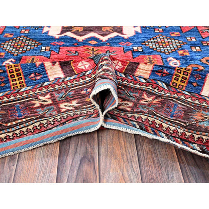 6'X7'10" Blue Afghan Caucasian Design Revival Hand Knotted Soft Wool Rug