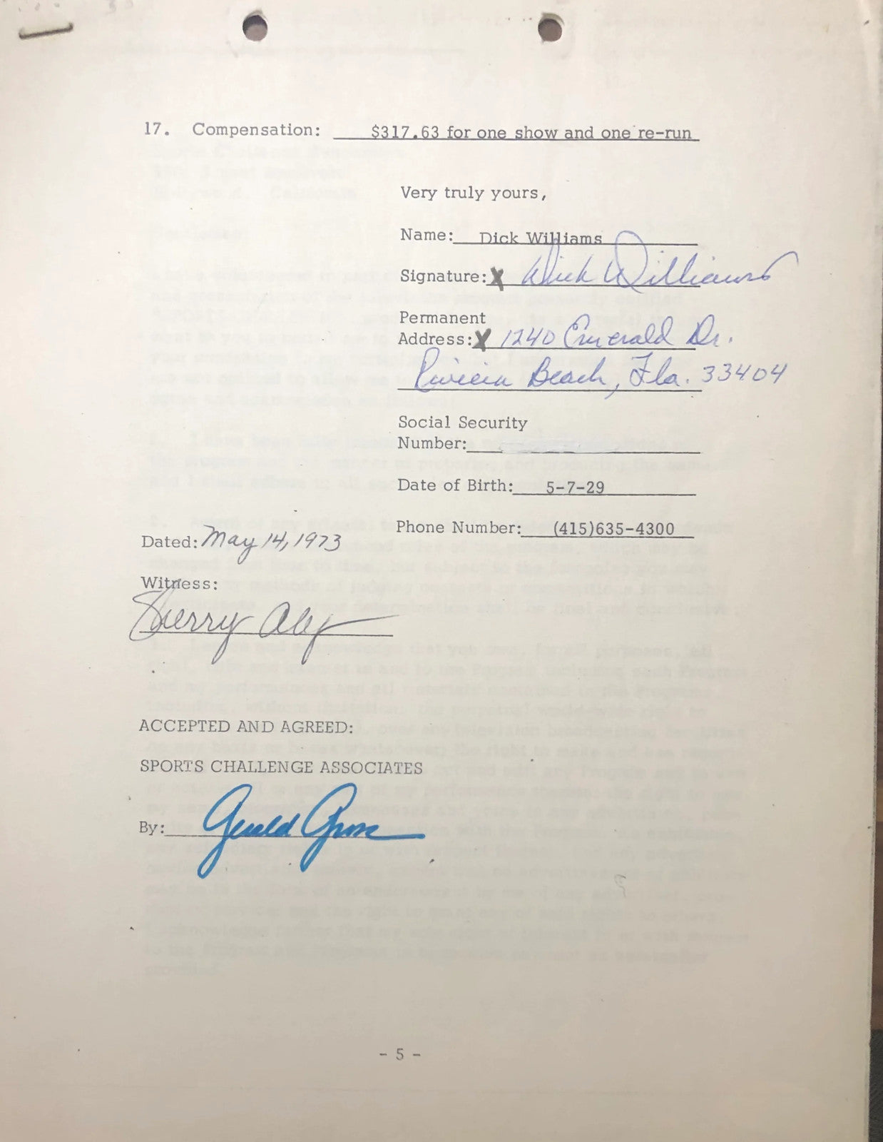 Dick Williams Autographed Contract (Jsa)