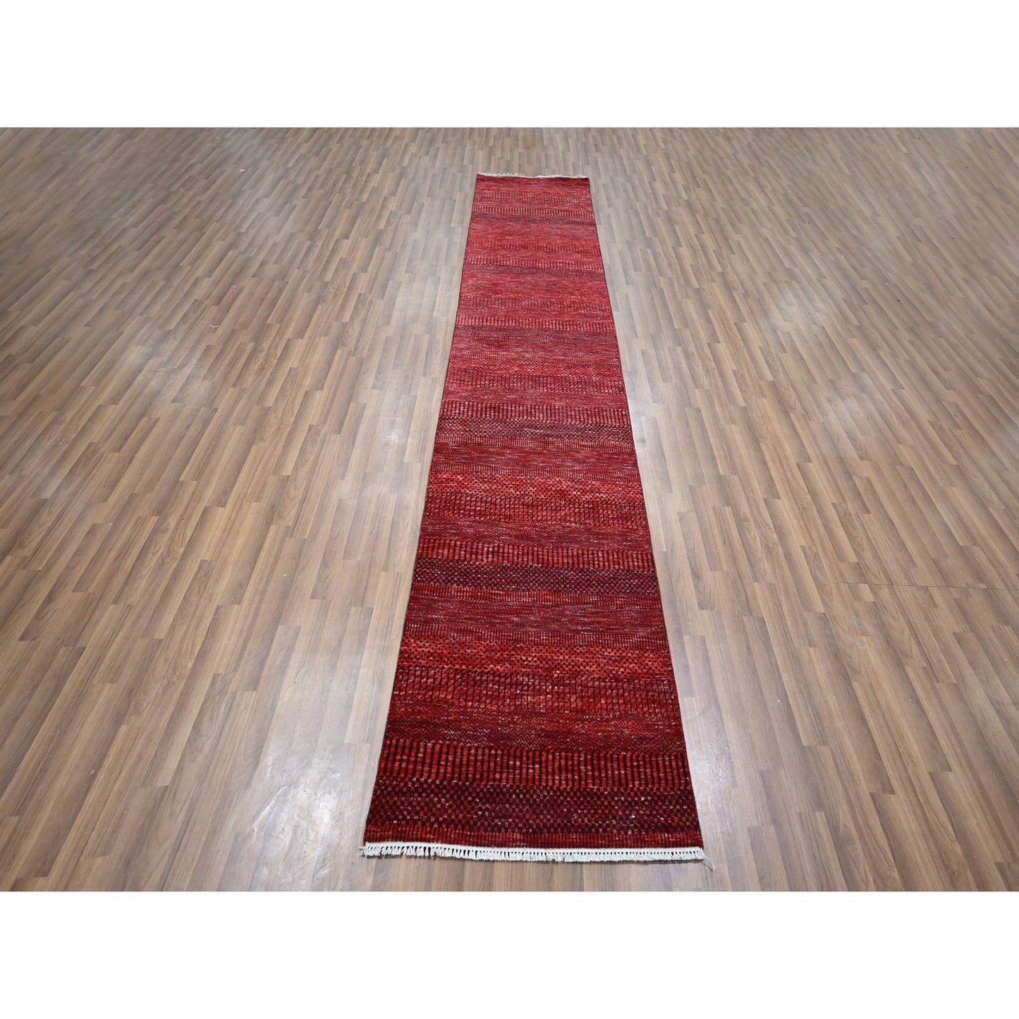 2'6"X11'10" Red Modern Grass Design Hand Knotted Wool And Silk Runner Rug