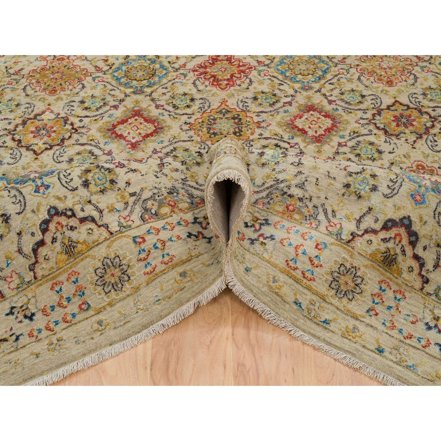 8'2"X10'2" Beige The Sunset Rosettes Hand Knotted Wool And Silk Rug